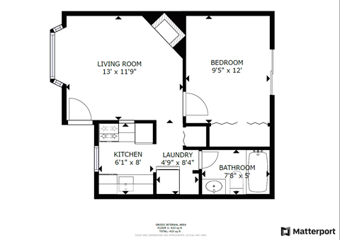 Floor plan for 1 bed, 1 bath, 577 sqft